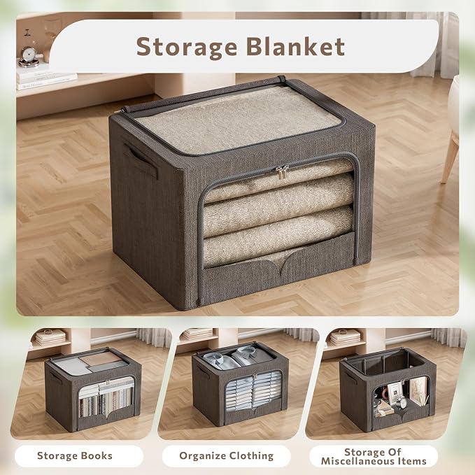 FHSQX 3 Pack Extra Large Clothes Storage Bins Foldable Metal Frame Storage Box - Image 4