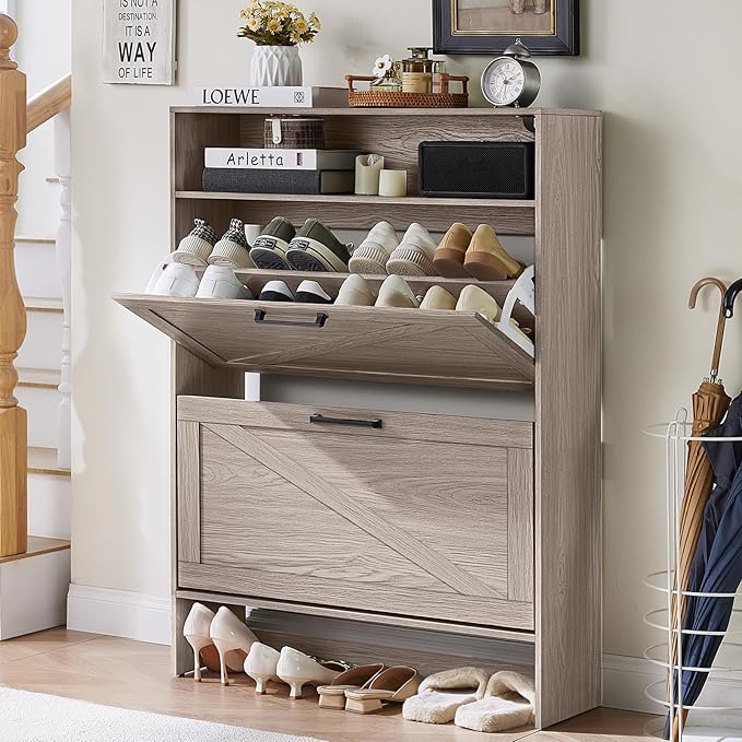 Shoe Storage Cabinet with 2 Flip Drawers, Farmhouse Narrow Shoe Organizer with by RWYHG