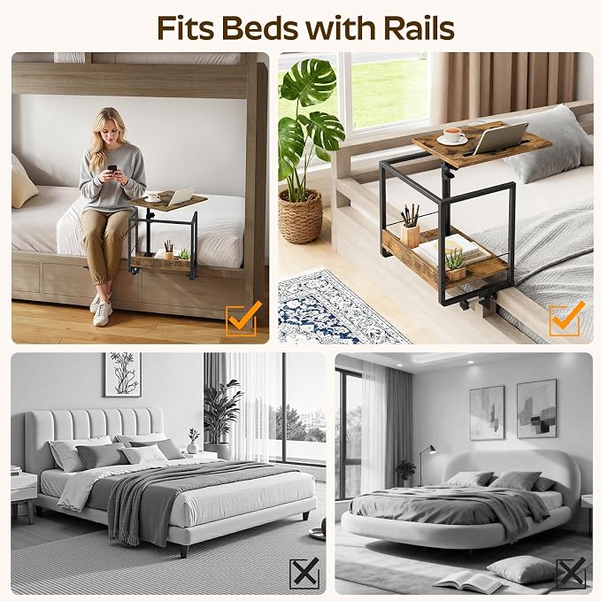 Bedside Shelf, Bed Shelf with 360° Rotating and Height-Adjustable Tray - Image 7