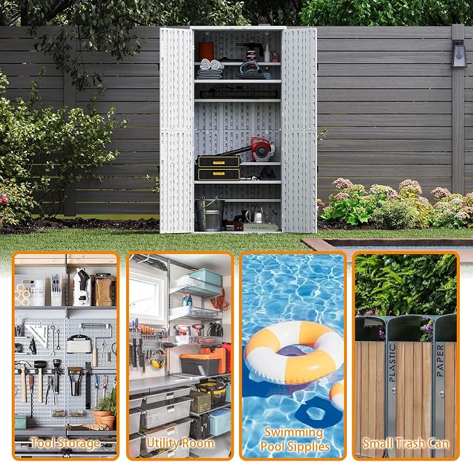 Outdoor Storage Cabinet with 4 Shelves, 31.5" x 23.23" x 66.22" White - Image 7