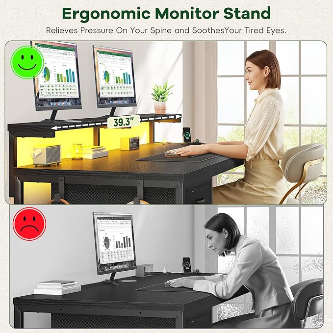 39.3" Gaming Desk with Power Outlet and LED Lights, Computer Desk with - Image 5