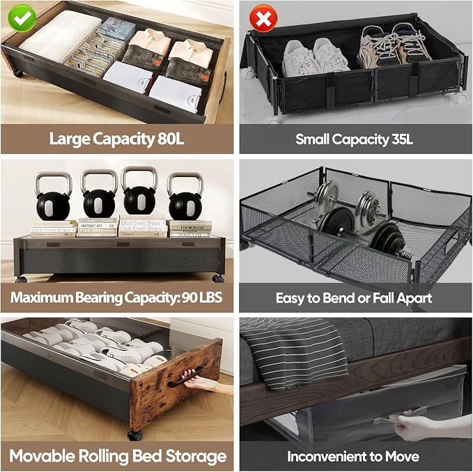 KITHELP Wooden Under Bed Storage - Image 3