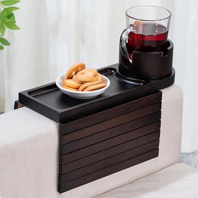 Couch Cup Holder for Thin Armrest Wider Than 4.9'', Bamboo Couch Arm Tray by Tomlyop