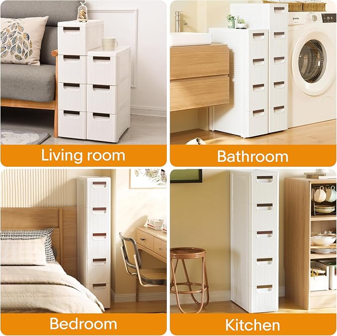 5 Drawers Slim Bathroom Storage Cabinet Dresser, Narrow Plastic Rolling Cart - Image 6