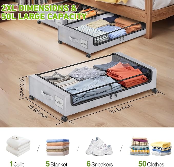 Under Bed Storage with Wheels, Under Bed Shoe Storage Organizer Bins, Rolling - Image 2