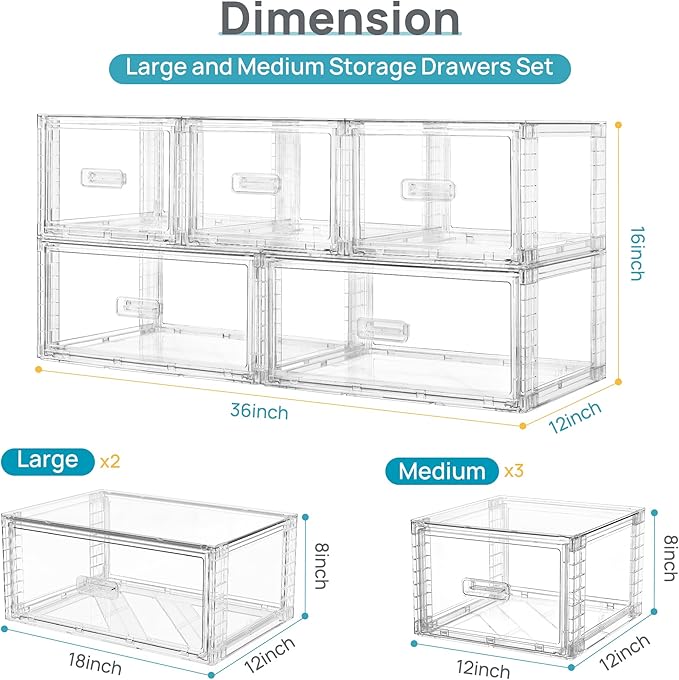 Vtopmart 5-Piece Large & Medium Stackable Drawer Organizer Set, 108QT Clear - Image 2