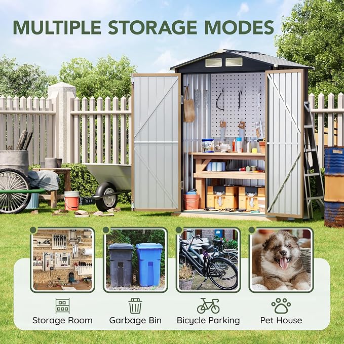 5x3 FT Outdoor Metal Storage Shed, Double Door, 1 Clear Window, Tool Shed - Image 3