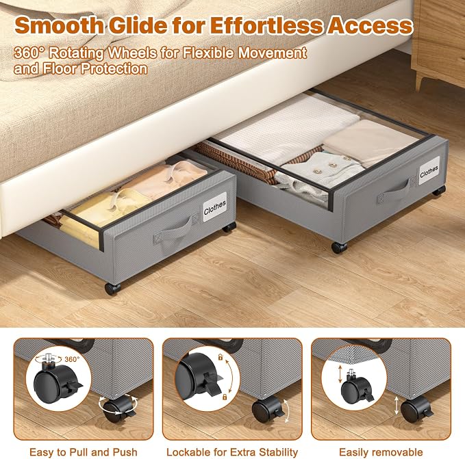 Under Bed Storage with Wheels, XXL 60L Under Bed Storage Containers with Clear - Image 4