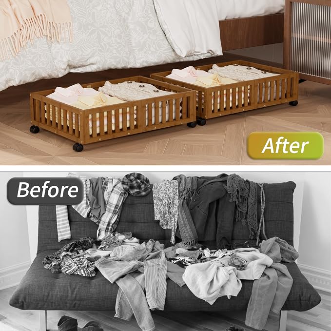 Bamboo Under Bed Storage with Wheels, Rolling Underbed Shoe Organizer Box - Image 6