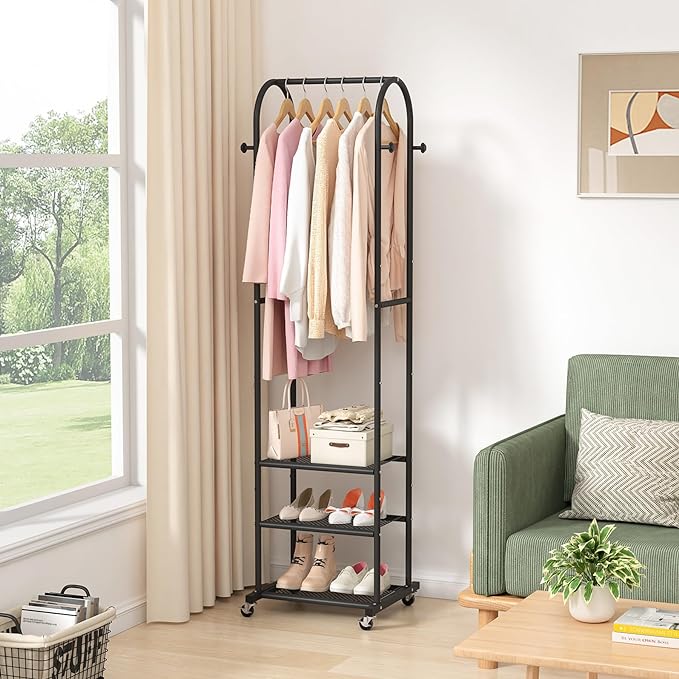 Heavy Duty Clothing Rack with Wheels, Modern Garment Rack with 3 Metal Shelves - Image 4