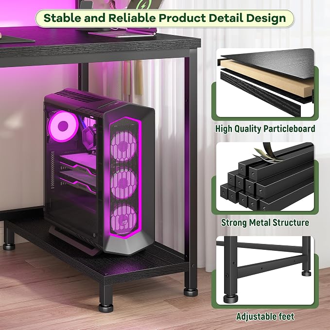 39.3" Gaming Desk with Power Outlet and LED Lights, Computer Desk with - Image 6