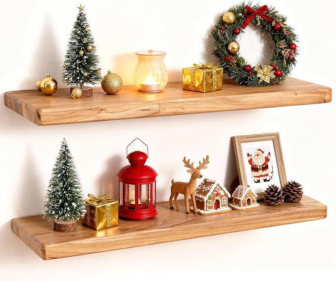 24" Rustic Elm Wood Floating Shelves, 8 Inch Deep Wall Shelves by FunMemories