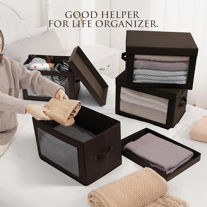 Brown Fabric Storage Bins with Lids - Image 3