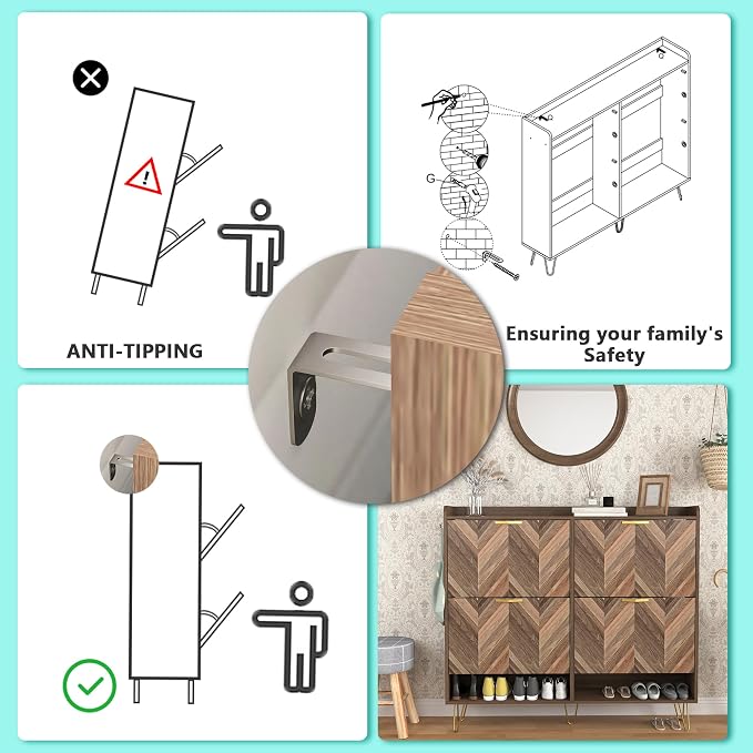 Vibe & Dine 4 Flip Drawer Shoe Cabinet, Mid Century Modern Shoe Organizer - Image 7