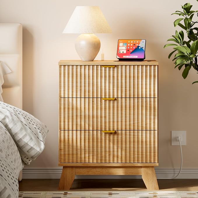 30.5" Nightstand with Charging Station, 3-Drawer Fluted Bedroom Chest, Wood - Image 3