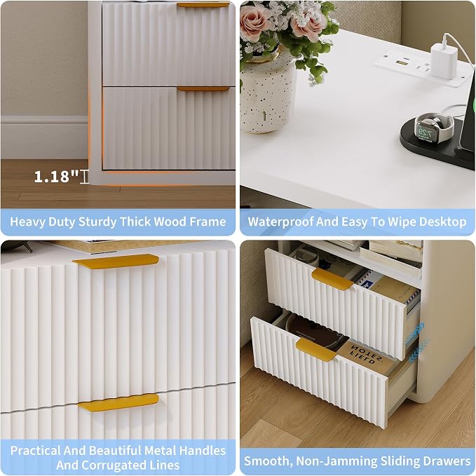 Fluted Nightstand with Charging Station, Bedside Table with 2 Drawers and Open - Image 6