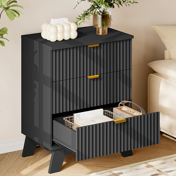 30.5" Nightstand with Charging Station, 3-Drawer Fluted Bedroom Chest, Wood - Image 4