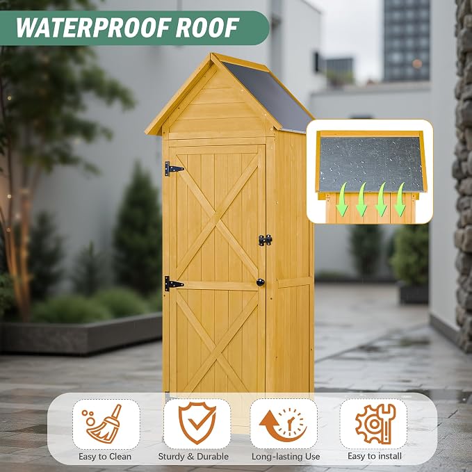 Wooden Outdoor Storage Cabinet, Tall Vertical Garden Tool Shed - Image 5