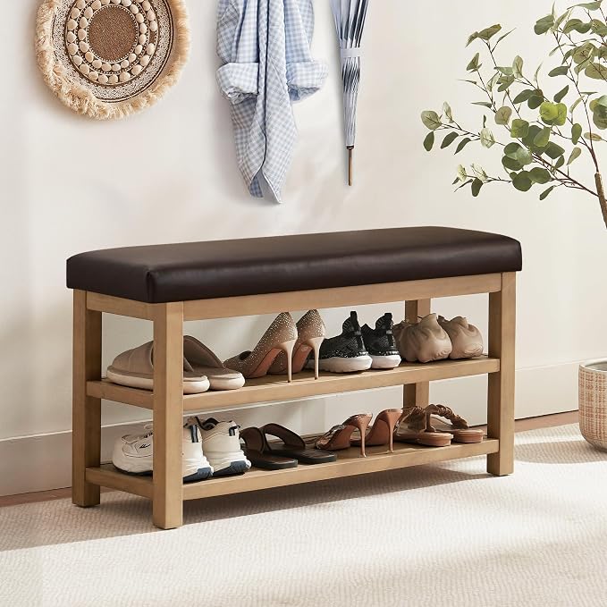 Shoe Rack Bench with Leather Cushion, 2 Tier Solid Wood Storage Bench, - Image 3