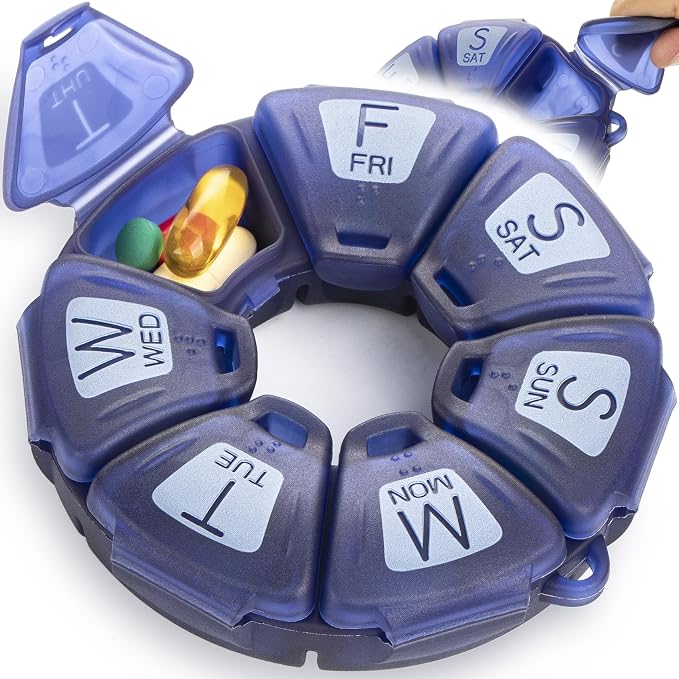 Round Weekly Pill Organizer, TPU Rubberized, Travel Pill Container 7 Day by YAKLIMPILLORGANIZER