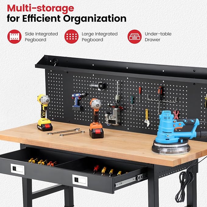 Workbench with Wheels 60 x 22 Inch Heavy Duty Rubber Wood Tabletop Work Bench - Image 3