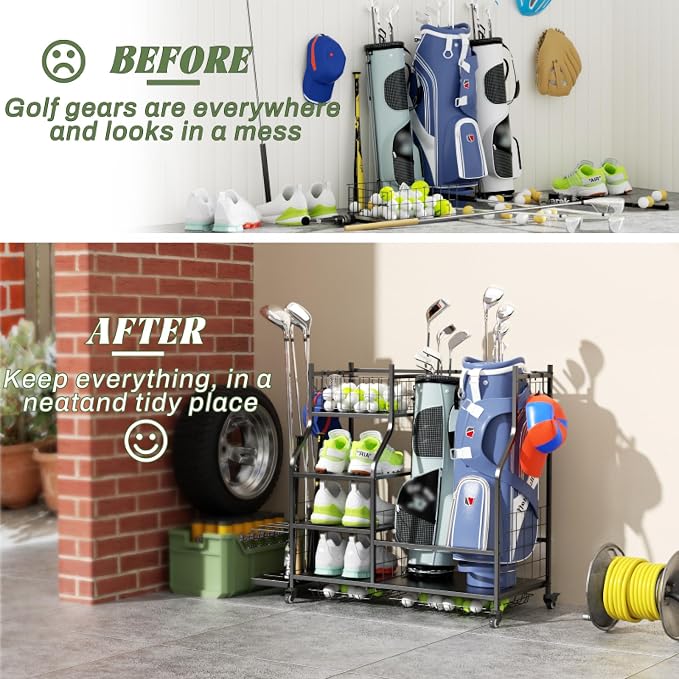 Golf Organizer for Garage, 3 Bag Golf Bag Holder Stand - Image 2
