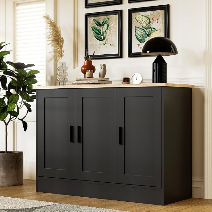 Anystyle 43.3”W Black 3 Door Buffet Cabinet, Coffee Bar by Anystyle