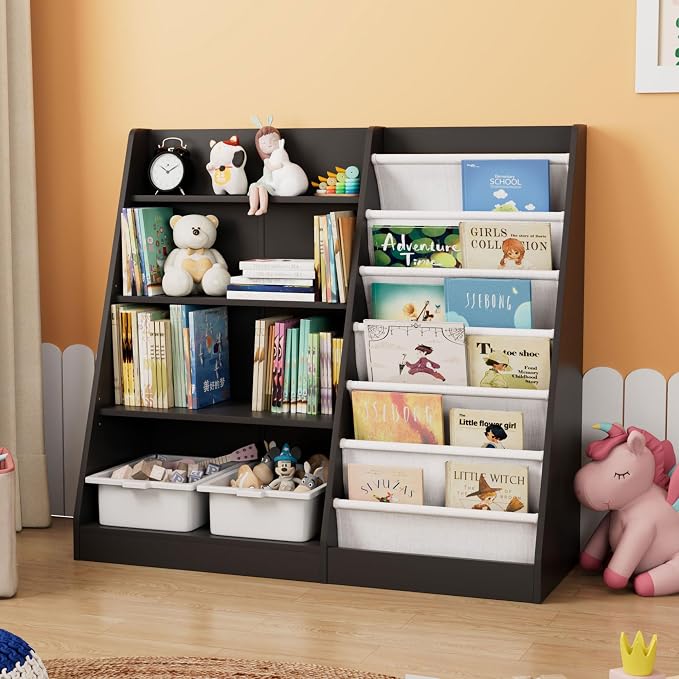 Black Kids Bookshelf Wood Toy Storage Organizer Cabinet Children Bookcase - Image 2