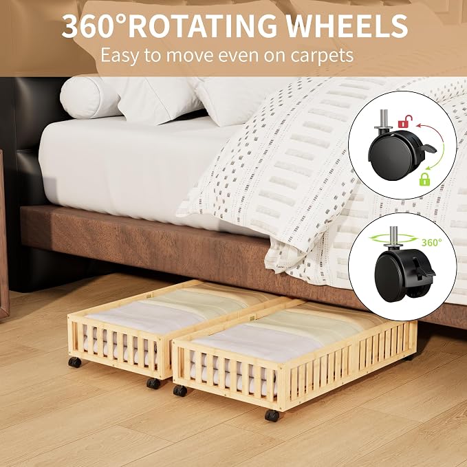 Bamboo Under Bed Storage with Wheels, Rolling Underbed Shoe Organizer Box - Image 7