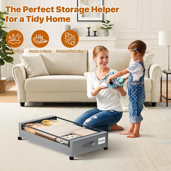 Under Bed Storage with Wheels, XXL 60L Under Bed Storage Containers with Clear - Image 3