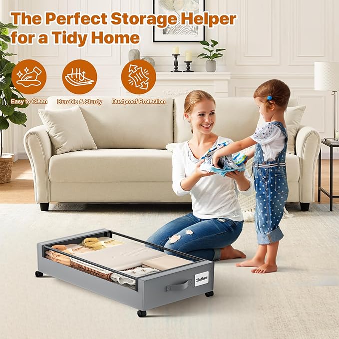 Under Bed Storage with Wheels, XXL 60L Under Bed Storage Containers with Clear - Image 3