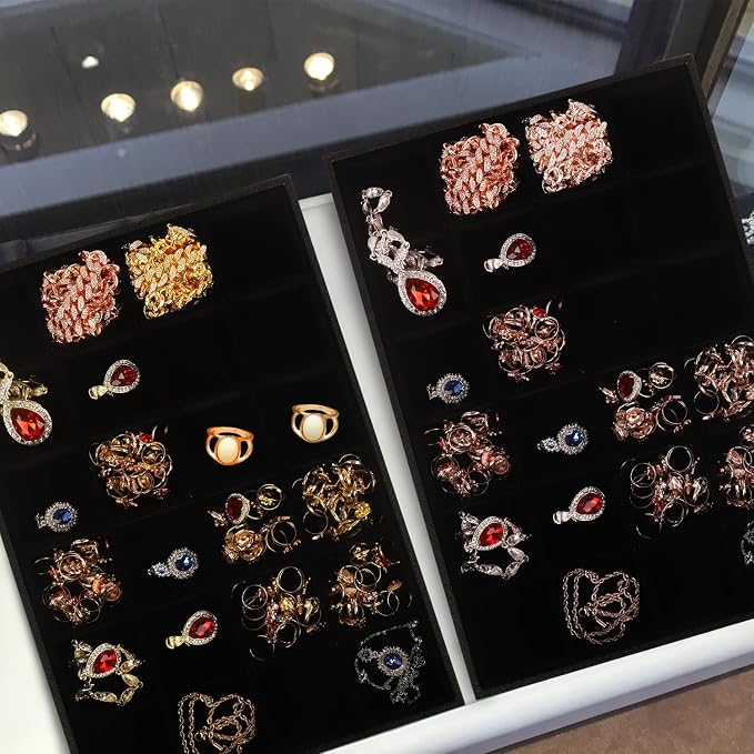 Rocutus Jewelry Organizer Tray, 3 Pack Velvet 24 Grid Earring Holder Stackable - Image 7