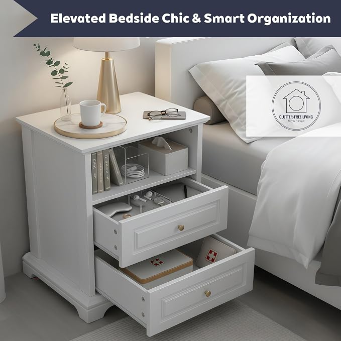 White Nightstand with 2 Drawers & Open Shelf, 21.2"x16.5"x24.0" Bedside Table - Image 6