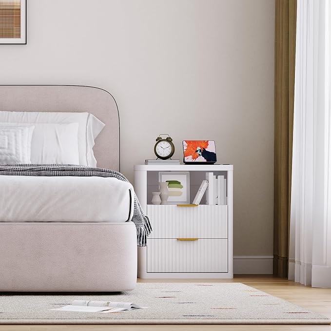Fluted Nightstand with Charging Station, Bedside Table with 2 Drawers and Open - Image 8