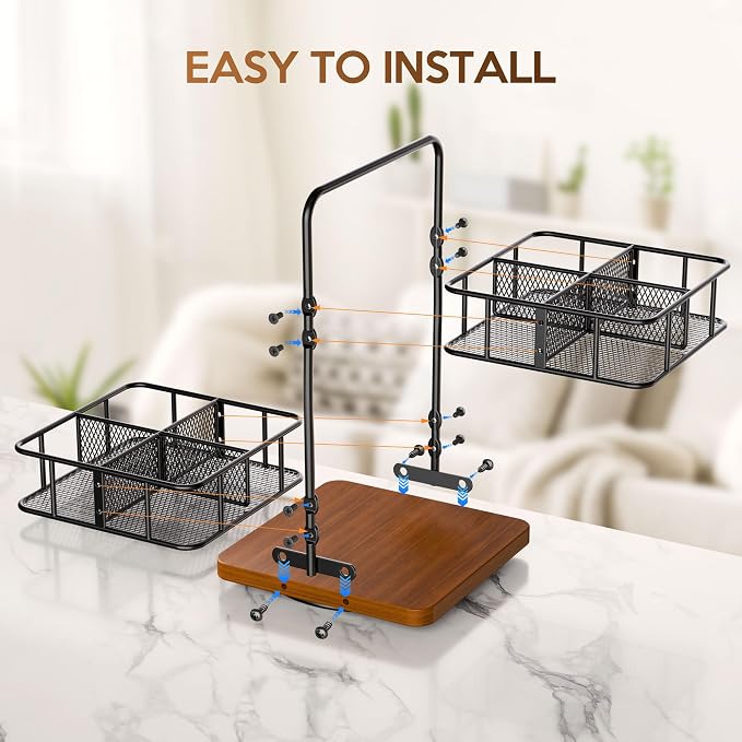 Rotation 2 Tier Tea Bag Organizer, Iron Art Tea Organizers, Acacia Wood Stand - Image 7