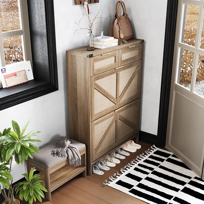 Shoe Cabinet with 2 Flip Drawers & 2 Drawers, Farmhouse Shoe Storage Cabinet - Image 9