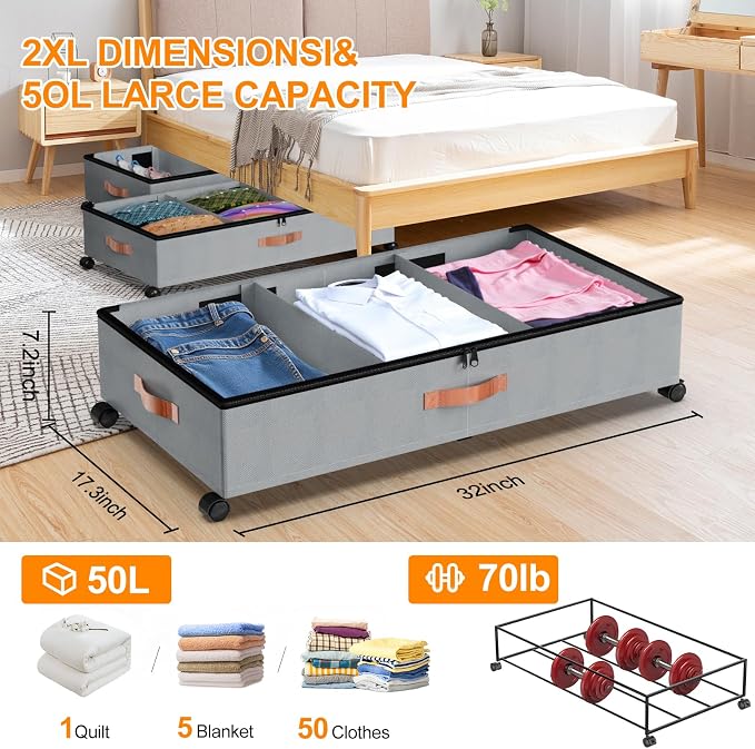 Under Bed Storage with Wheels, 1 Pack Under Bed Storage Container with Dividers - Image 5