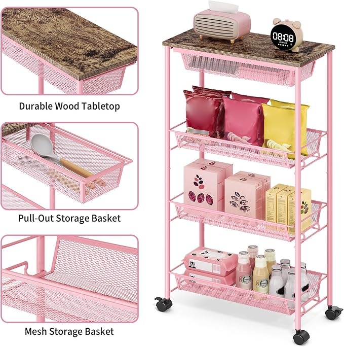 KINGRACK 4-Tier Slim Storage Cart, Metal Rolling Cart, Organizer - Image 3