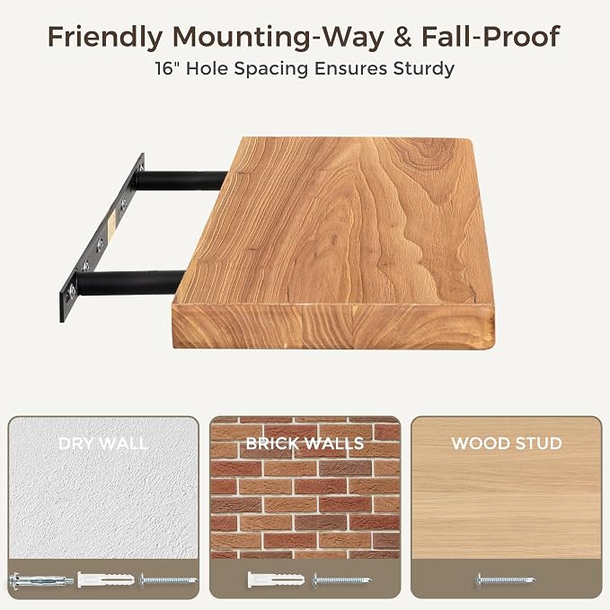Fun Memories 55 Inch Wood Floating Shelves, Natural Elm Wood Floating Shelf - Image 7
