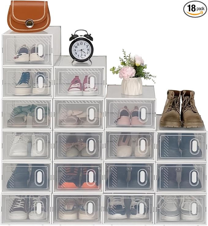 Shoe Storage Boxes 18 Pack Clear Plastic Stackable – White Shoe Organizer Box by SONRET