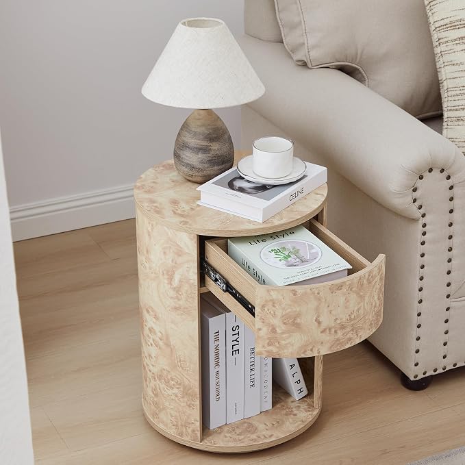Side Table with Drawer, Round Bedside Table with Open Shelf, Farmhouse Burl - Image 4