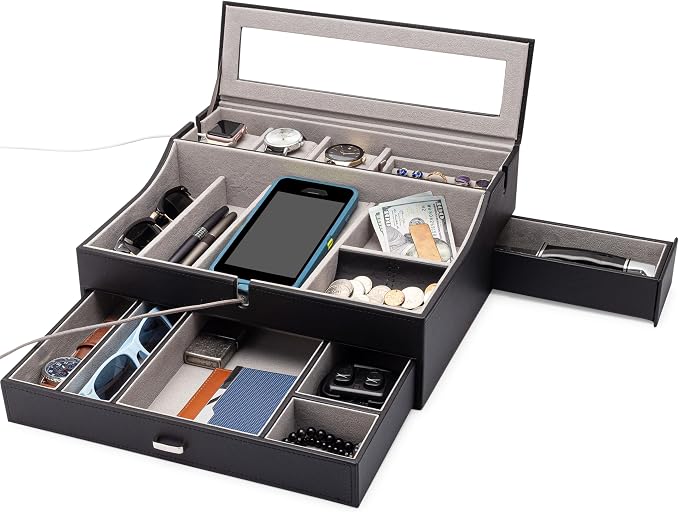 Mens Valet Box Organizer, Large Leather Valet Tray by HOUNDSBAY