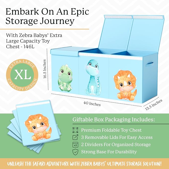 Extra Large Dinosaur Toy Box – 40"x13.5"x16.5" Collapsible Toy Chest - Image 3