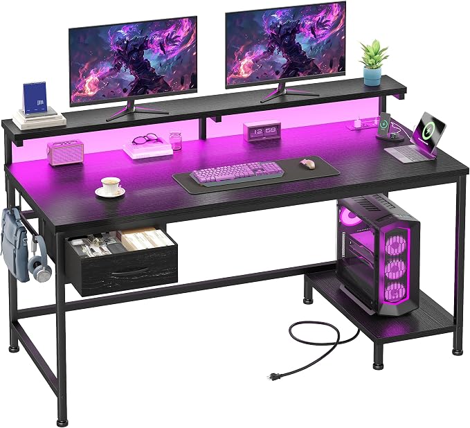 39.3" Gaming Desk with Power Outlet and LED Lights, Computer Desk with by Durayloly
