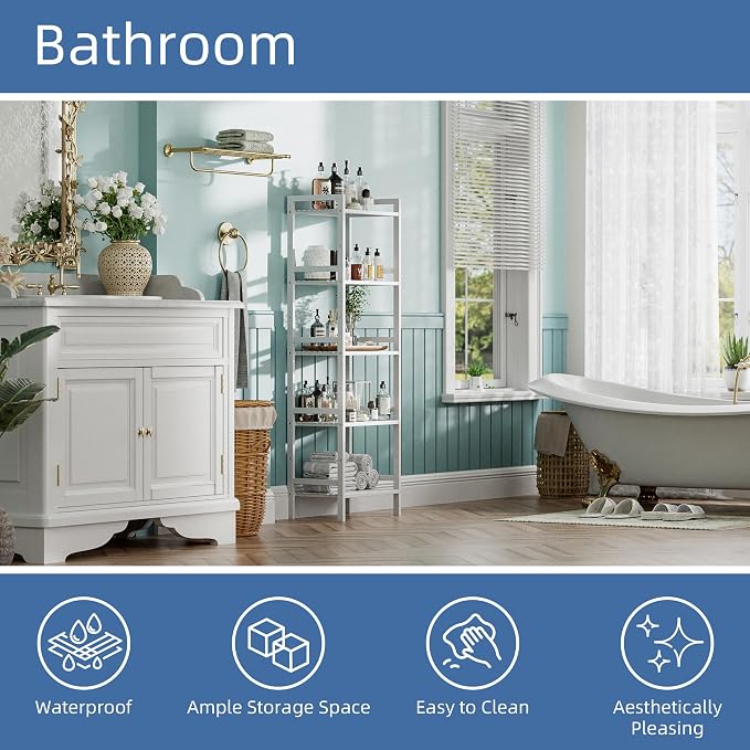 HITNET 5 Tier Bamboo Shelf, Tall Narrow Bookcase, Freestanding Bathroom Storage - Image 5