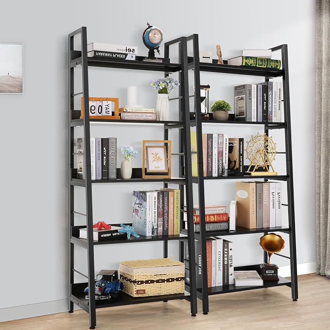 Himimi Black Ladder Bookshelf, 5 Shelf Bookcase Industrial Bookshelf Wood and - Image 2
