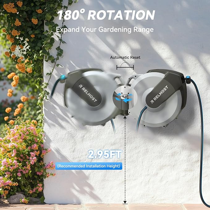 Retractable Garden Hose Reel 100 ft x 1/2 in, Heavy Duty Hose Reel Wall Mount - Image 8