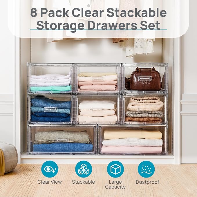 Vtopmart 8-Piece Large & Medium Stackable Drawer Organizer Set, 162QT Clear - Image 3