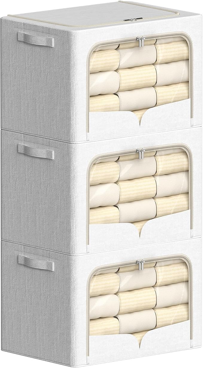 FHSQX 3 Pack Clothes Storage Bins Foldable Metal Frame Storage Box Stackable by FHSQX