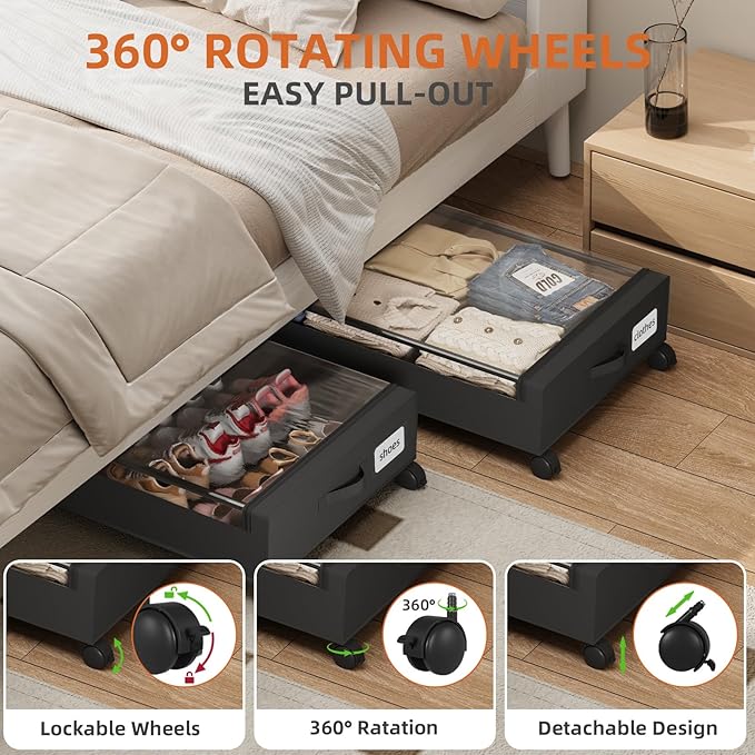 Somdot Under Bed Storage with Wheels, 2 Pack Bed Storage Containers with - Image 4